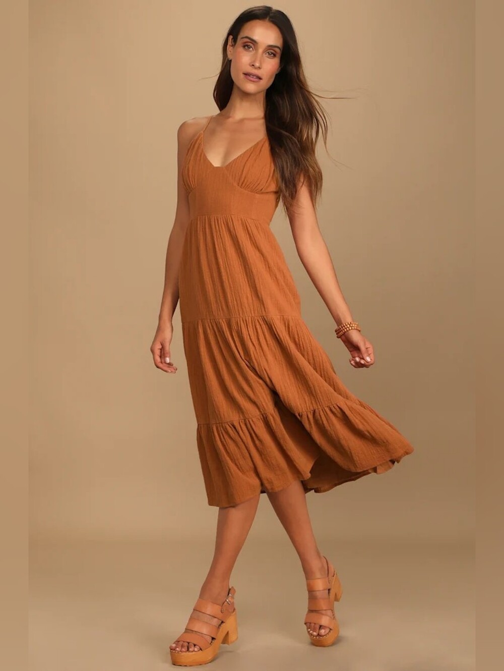 Lulus Bliss Abound Rust Brown Tiered Midi Dress